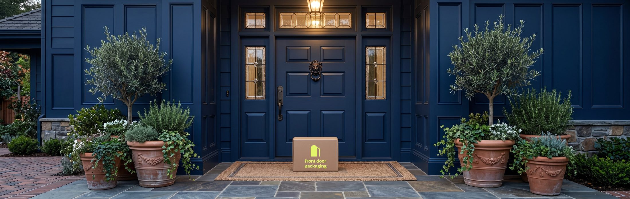 Kraft mailer box on a doormat at a navy front door, lit by porch light